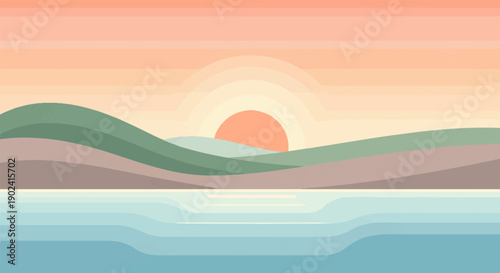 Serene pastel sunset over rolling hills and calm water
