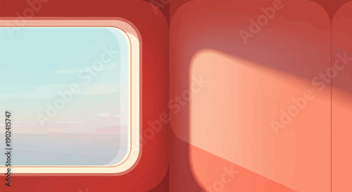Red interior with a rounded window showing a pale blue sky and soft light