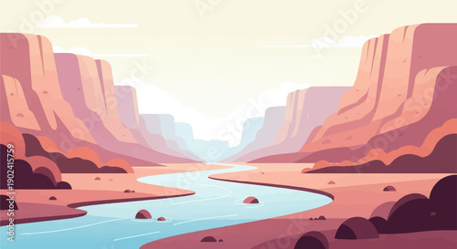 Stylized canyon with river and distant hazy mountains under sky