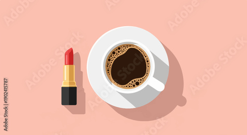 Red lipstick next to a cup of hot coffee on a pink background