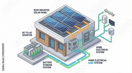 A modern house with solar panels on the roof, connected to a battery storage system and powering the home electrical system, viewed from an isometric perspective.
