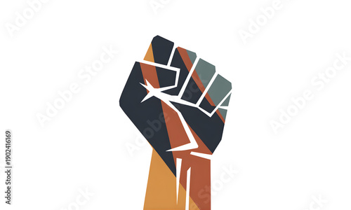 A powerful raised fist with a multicolored design symbolizing strength and unity on transparent background