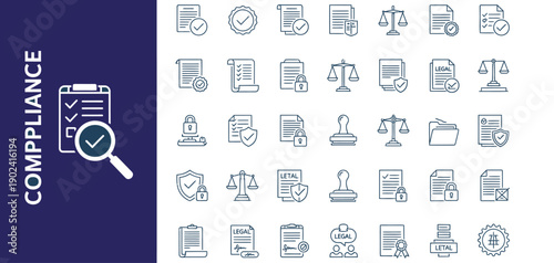 A comprehensive collection of compliance and regulatory line icons for business and legal use.