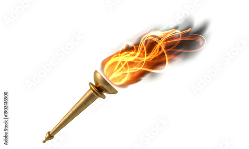 A gold torch with a vibrant flame burning brightly on a white background