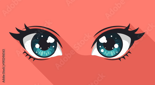 Stylized cartoon eyes with turquoise irises and long lashes on salmon background