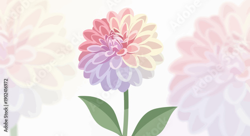 Soft pastel-colored flower with layered petals and green leaves, on white