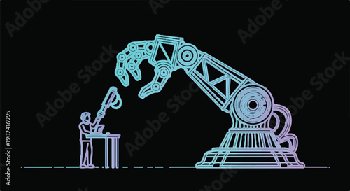Human figure interacting with a massive robotic arm, symbolizing advanced artificial intelligence, automation, and the evolving future of technology and industry.