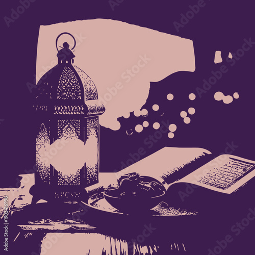 illustration of a lantern and a moon 