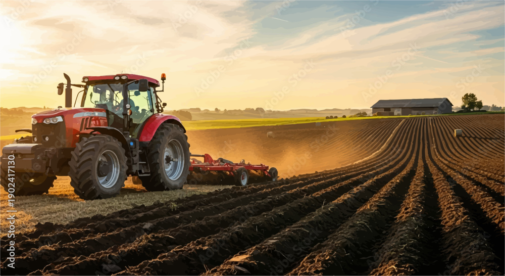 Fototapeta premium Red tractor plowing a field at sunset, with a barn in the background