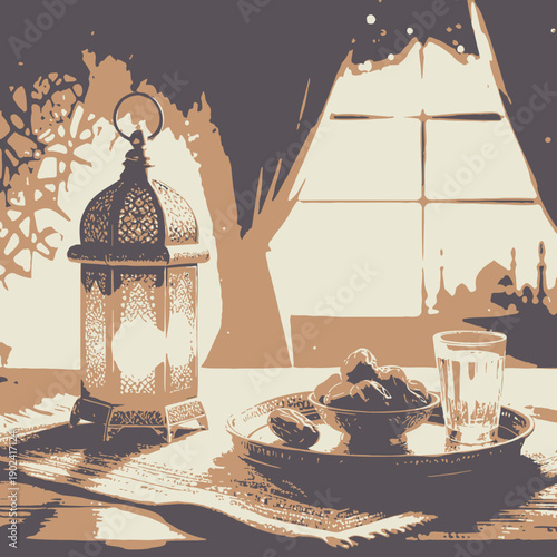 illustration of a lantern and a moon 