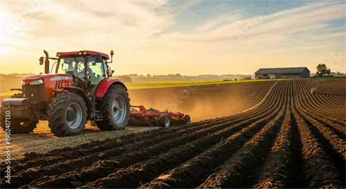 Red tractor plowing a field at sunset, with a barn in the background