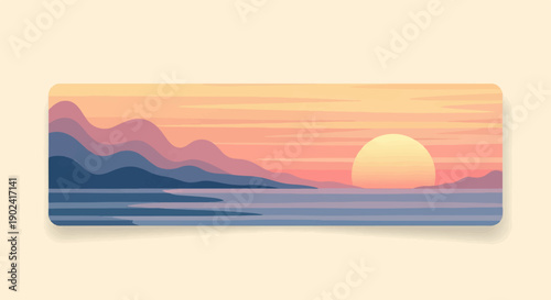 Serene pixel art landscape with mountains, water, and a large sun