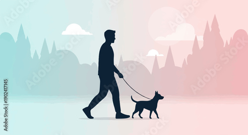 Silhouette of a person walking their dog against a soft gradient sky