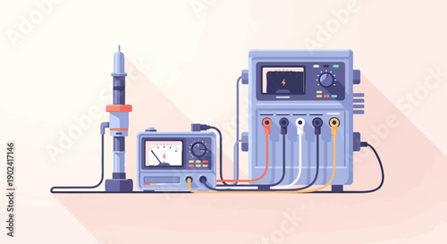 Scientific instruments connected with wires, including a tall vertical device and two console units