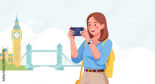 Smiling woman photographs famous London landmarks with her phone