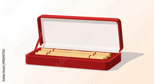 Red velvet case with rolled up scrolls tied with red ribbon