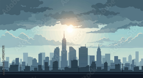 Silhouette of a pixelated city skyline at sunrise with dramatic clouds
