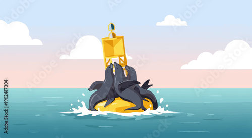 Seals gather on a yellow buoy in calm ocean waters under a pastel sky