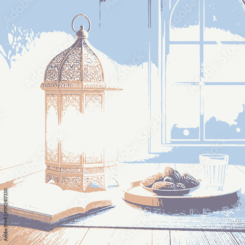 illustration of a lantern and a moon 