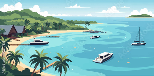 Serene pixel art tropical bay with yachts and lush green coastline