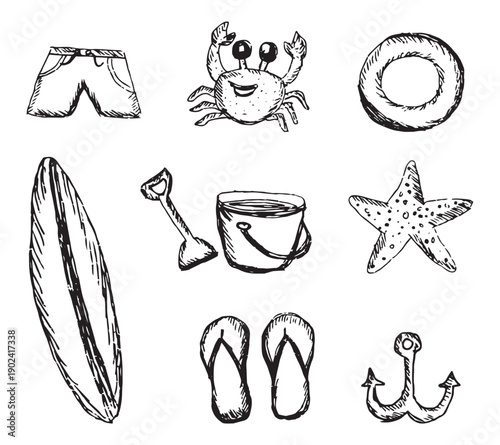 Hand Drawn Summer Beach Elements Set with Tropical Vacation Icons Including Surfboard, Crab, Starfish, Anchor, and Sand Bucket 