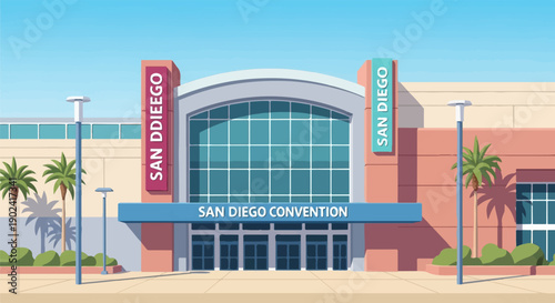 Stylized cartoon illustration of a modern convention center with palm trees