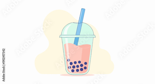 Refreshing pink bubble tea with dark pearls and blue straw