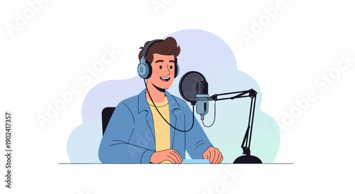 Smiling man wearing headphones sits at a desk with a microphone