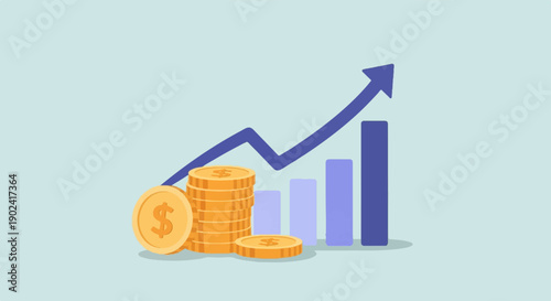 Stacked coins with rising graph and bar chart
