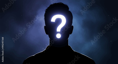Silhouette of a person with a glowing question mark in place of their face