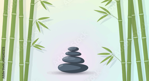 Stacked smooth stones framed by tall green bamboo stalks, soft background