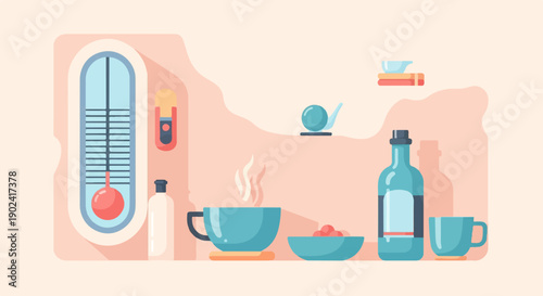 Refreshing drinks and treats with a thermometer, on a pastel background