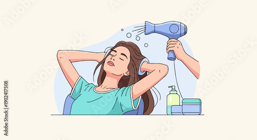 Relaxed woman enjoys a hair drying session with styling products nearby