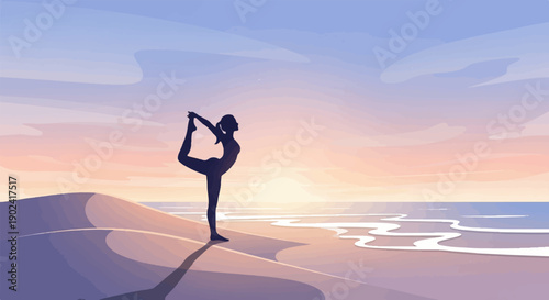 Silhouette of a woman in a yoga pose on a beach at sunrise
