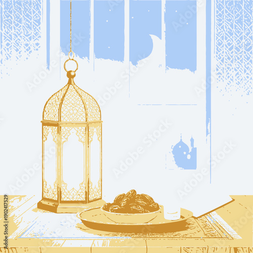 illustration of a lantern and a moon 