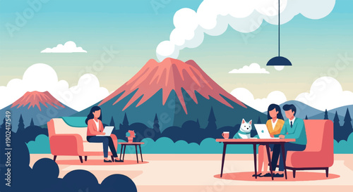 Relaxing landscape with people working, dog, and volcano backdrop