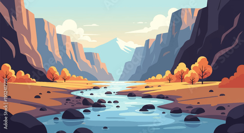 Serene pixelated mountain valley with a winding river and autumn trees