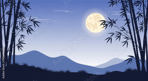 Silhouette of bamboo stalks and leaves frame a full moon over rolling hills at dusk