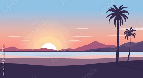 Silhouette of palm trees against a pixelated sunset over mountains and water