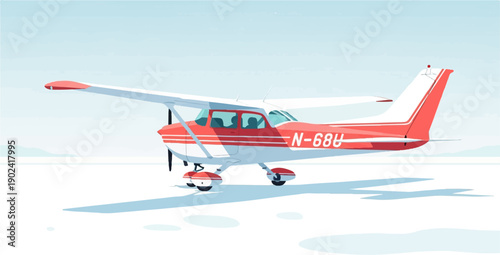 Small red and white aircraft sits on a snowy landing strip