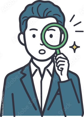 虫眼鏡でチェックするビジネス男性の調査・分析イメージイラスト