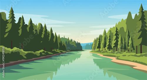 Serene river winds through lush green forest under a clear blue sky