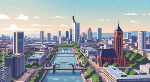 Stylized cityscape with a river, bridges, and diverse architecture under a pale sky