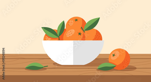 Still life of oranges in a white bowl on a wooden table
