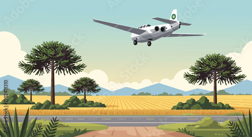 Small plane flies over a rural landscape with trees and fields