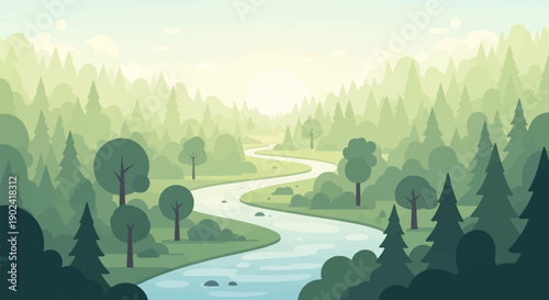 Serene forest landscape with a winding river and gentle sunlit hills