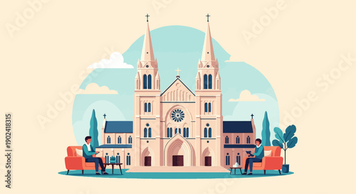 Serene scene of a grand cathedral with two people reading outside