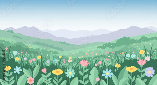 Serene rolling hills under a pale blue sky, dotted with colorful flowers