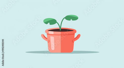 Small plant with green leaves in a coral pot, isolated on a light blue background