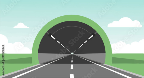 Straight road leading into a dark tunnel, with lights and clouds above